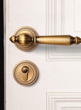 法式黄古铜门锁室内卧室房间复古门把手美式静音磁吸门锁