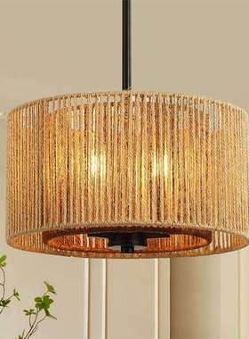 氛围简约吸顶吊灯书房床头餐厅饭店三头藤艺LED黄光灯具纸绳吊灯