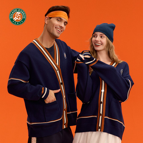 罗兰加洛斯法网针织开衫毛衣男女针织衫毛线春秋外套网球服撞色 - 图1