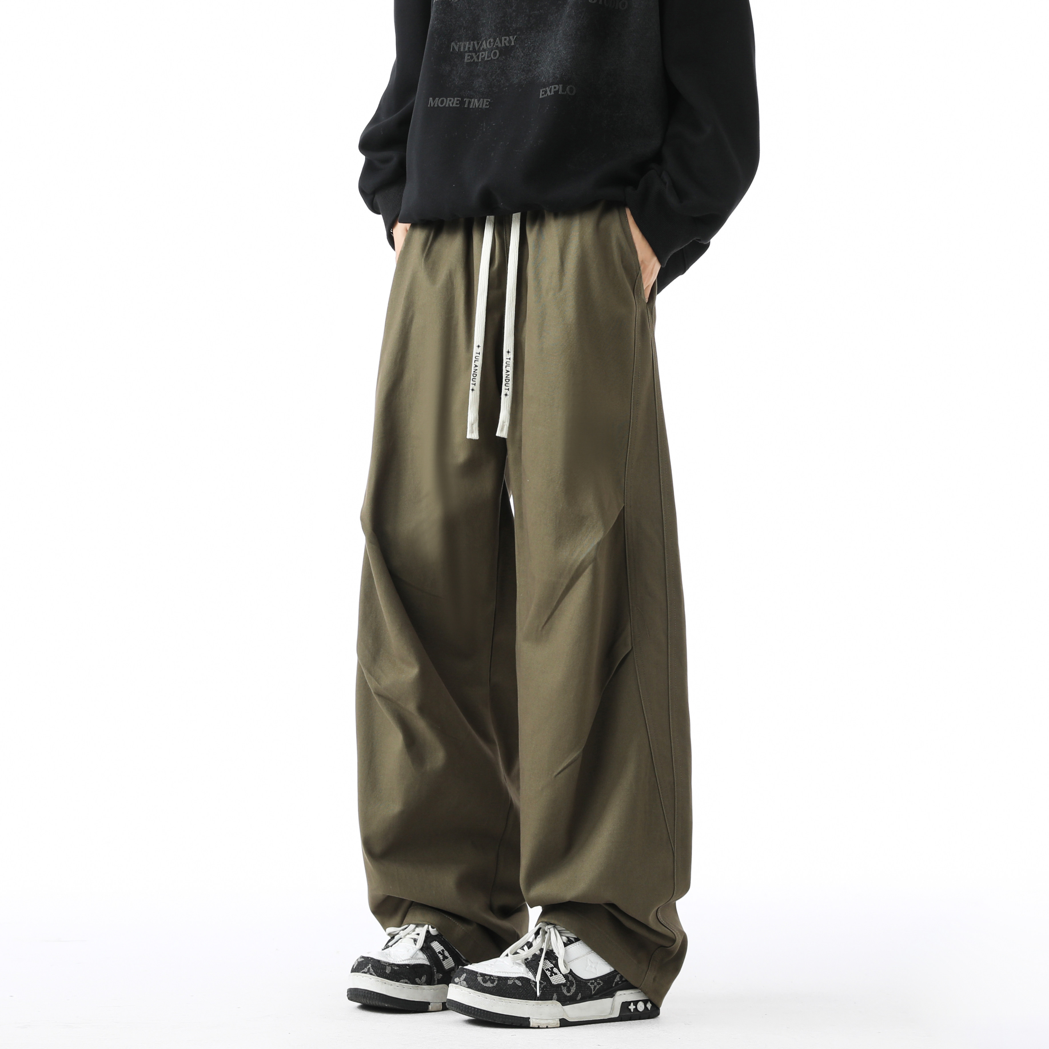 美式高街复古巴黎柳叶弯刀裤直筒系带中腰显高显瘦百搭纯棉工装裤,淘宝优惠券,粉丝福利购,淘宝优惠卷