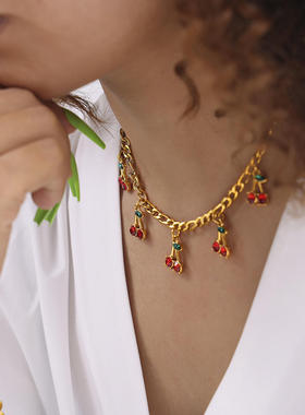 欧美风时尚气质玻璃石红色樱桃首饰套装跨境流行饰品简约项链手链