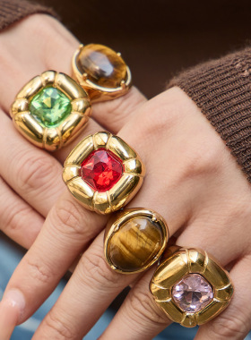ins夸张时尚彩色玻璃石戒指欧美