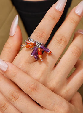 巴洛克天然碎石多巴胺串珠戒指INS风小众开口镀18k金钛钢轻奢饰品