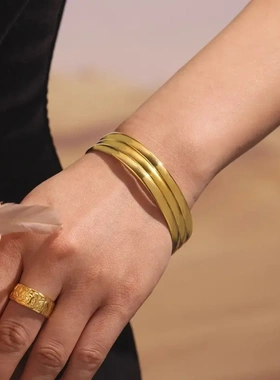 钛钢5mm宽球面高质量抛光手工镀18K金手镯跨境简约高端个性镯子女