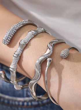 几何不规则波浪线条手镯镶钻小蛮
