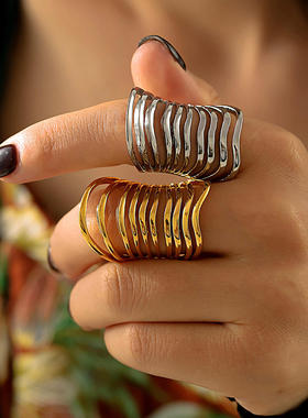 欧美时尚通勤镂空多层线条戒指复古夸张钛钢镀金骨关节食首饰指戒