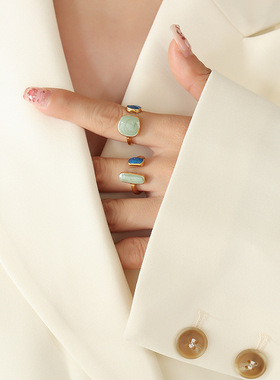 中性风港式开口可调节珐琅手工滴油戒指钛钢镀金指环个性ins手饰