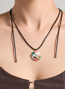 黑皮绳抽拉可调节项链圆形滴油立