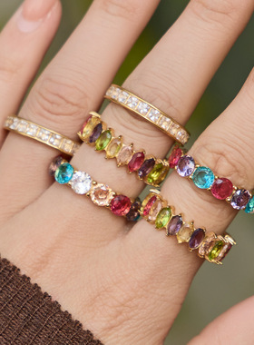 跨境ins个性彩色满钻锆石戒指欧