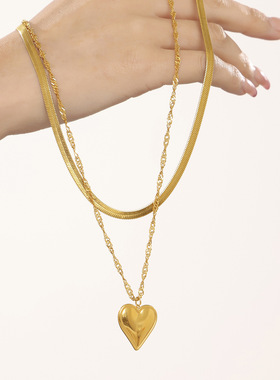 钛钢水波纹刀片链条爱心双层锁骨项链饰品镀18K金PVD个性气质高端