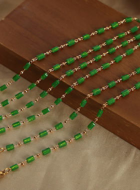 森系清新淡雅简约个性几何饰品绿色天然石串珠设计钛钢镀金项链