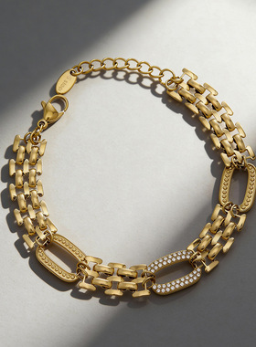 几何形镶钻拼接方格表带链手链不