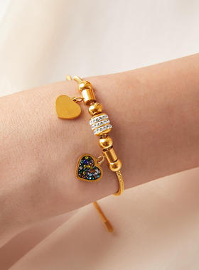 欧美ins风几何镶钻爱心手链复古百搭可调节设计钛钢镀18K金饰品