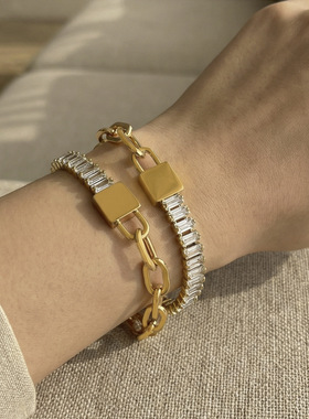 欧美ins风锁头镶锆石拼接链条手