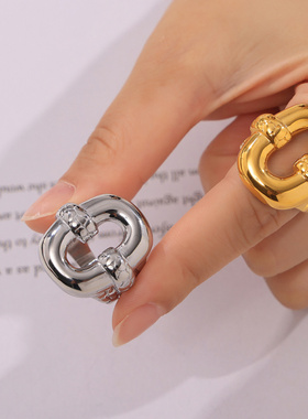 欧美ins风O形几何龟纹戒指钛钢镀