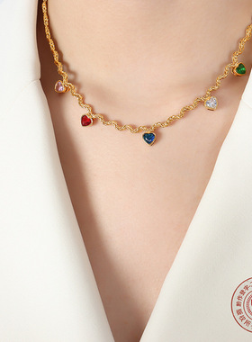 欧美几何型彩色桃心锆石吊坠项链跨境新款时尚潮流个性设计锁骨链