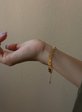 欧美饰品圆牌手链幸运几何圆圈圆片厚薄片手链钛钢饰品套装高级感