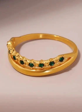 法式绿色锆石双层戒指女气质小众设计百搭钛钢镀金高端个性手饰