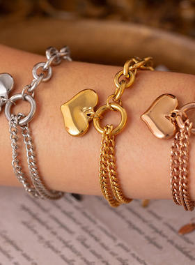 法式冷淡风格设计古巴链拼接链条爱心手链钛钢镀18k金首饰饰品