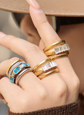 vintage长方形玻璃石几何戒指欧