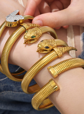 不锈钢鹅喉蛇形锆石开口手镯镀18