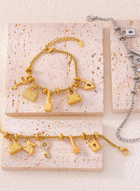 欧美ins风多元素吊牌镶钻挂件手链可调节潮流复古钛钢镀18K金手饰