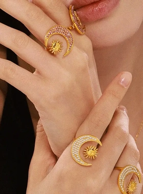 日月同辉镶嵌锆石戒指锁骨项链