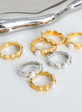 欧美时尚小众饰品米珠拼接设计感镶嵌淡水珍珠高级感钛钢镀金戒指