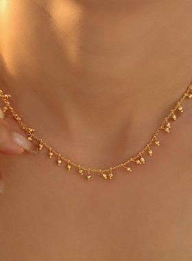 跨境新款圆球拼接葫芦状流苏吊坠项链铜材质镀18k金轻奢锁骨链女