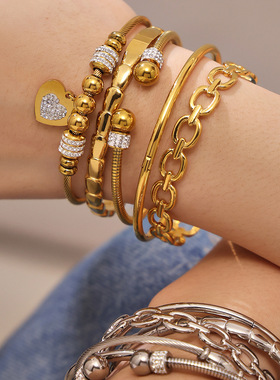 不锈钢爱心锆石卡扣手镯几何多款