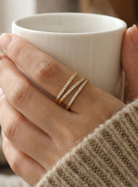 跨境简约设计微镶锆石三层开口指