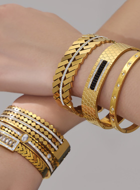 不锈钢几何菱形镶嵌锆石卡扣手镯