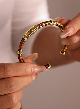 铜竹节茶色手绘滴油开口高端首饰个性手镯镀18K金美拉德秋冬首饰