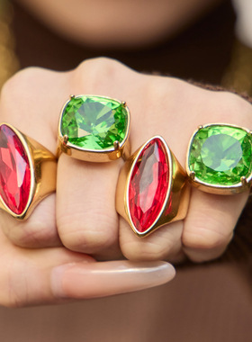 小众简约几何方块祖母绿玻璃石戒