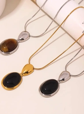 椭圆虎眼石长款项链钛钢PVD电镀18K金时尚百搭锁高端饰品骨链潮女