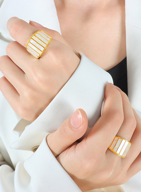 法式新款设计复古白海贝戒指宽版