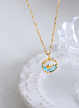 欧美跨境新中式珐琅蓝色蝴蝶项链耳环新品复古耳饰锁骨链钛钢百搭