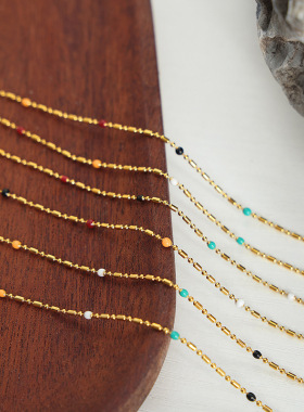 欧美风时尚通勤简约米珠拼接米粒链条设计砝码滴釉夹珠链钛钢项链