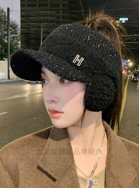 帽子女冬天骑行针织护耳鸭舌帽时尚百搭加绒保暖空顶耳套毛线帽潮