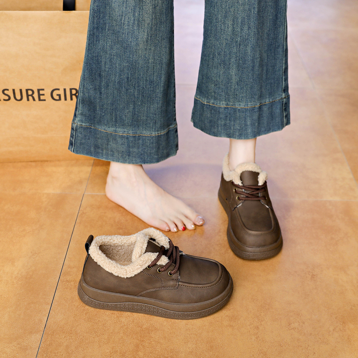 复古真皮加绒加厚棉鞋女冬季防滑保暖羊羔绒雪地靴34码厚底乐福鞋,淘宝优惠券,粉丝福利购,淘宝优惠卷