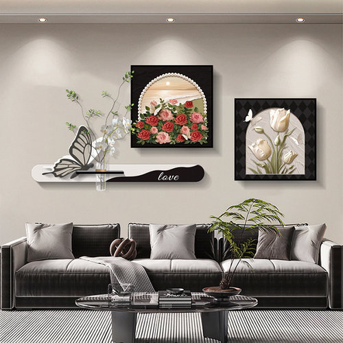 现代简约客厅装饰画蝴蝶花卉沙发背景墙挂画水培绿植三联组合壁画 - 图2