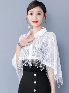 复古流苏绣花蕾丝衫女旗袍披肩外套时尚翻领斗篷外搭防晒衫小开衫