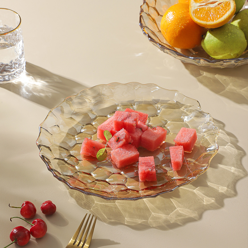 水果盘家用客厅2024新款大号玻璃茶几果盘水晶平盘方形果斗琥珀色 - 图3