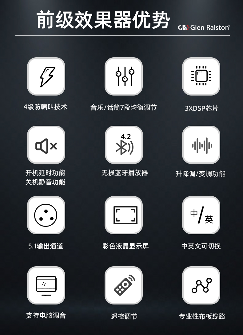 Glen ralston/格伦士顿数字前级效果器家用KTV音频处理防啸叫蓝牙 - 图1