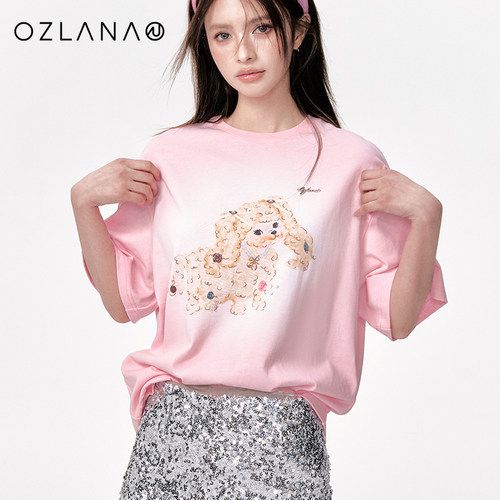 OZLANA印花纯棉T恤女夏季2024新品猫咪印花简约设计百搭休闲短袖-图0