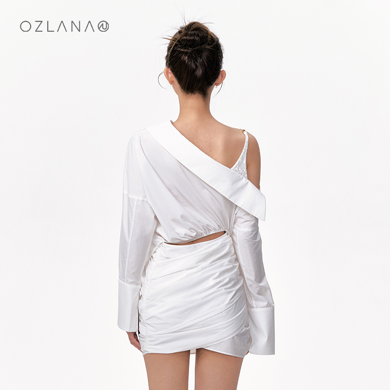 OZLANA不对称露肩长袖收腰衬衫裙辣妹风设计感2024年夏新品小众款 - 图3