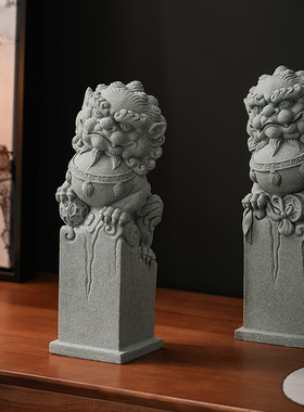 青砂石招财麒麟对狮瑞兽吉祥物鱼缸造景客厅办公室桌面装饰品摆件