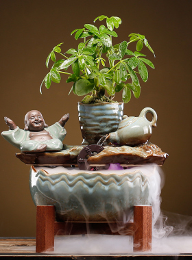 创意饰品鱼缸客厅小型家用桌面陶瓷玻璃风水轮 循环迷你流水族箱