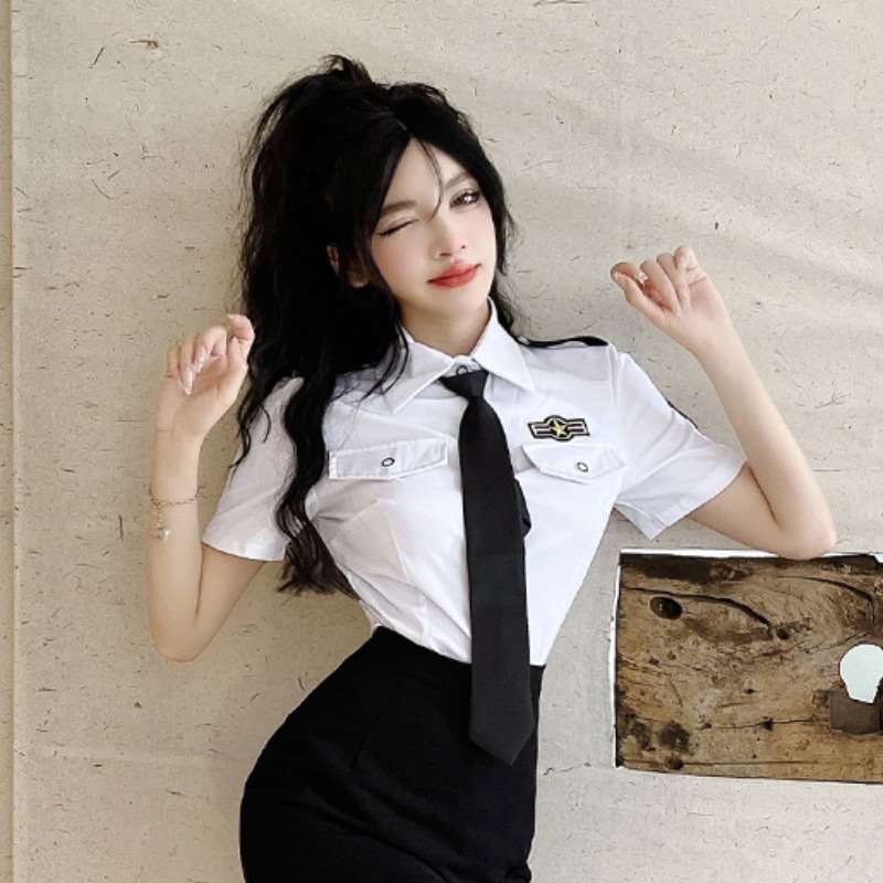 夏季网红直播衣服女主播纯欲空姐jk制服短袖白色衬衣领带衬衫上衣