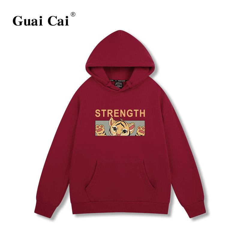 虎年新款酒红色连帽秋冬加绒潮卫衣 乖才卫衣/绒衫